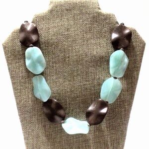 Chunky Aqua Blue and Chocolate Brown Wafer Style Beaded Necklace